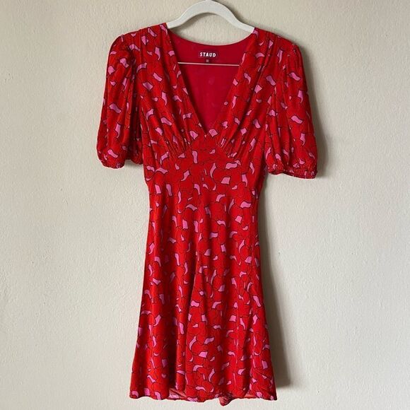 Staud Milla Mini Red Dress Puff Sleeve Size 00 - Picture 3 of 6